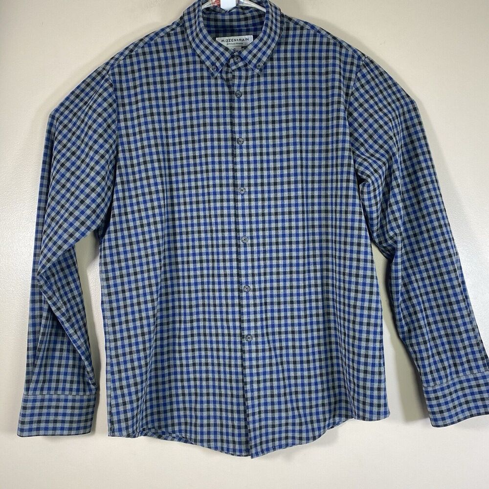 Mizzen Main Shirt Mens XL Trim Gray Blue Check Button Flannel No Tuck Quick Dry - Picture 2 of 9